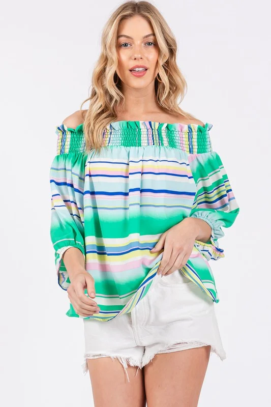 women's tops for those who refuse to compromise on styleGREEN STRIPED OFF SHOULDER SMOCKING TOP TU13624PB