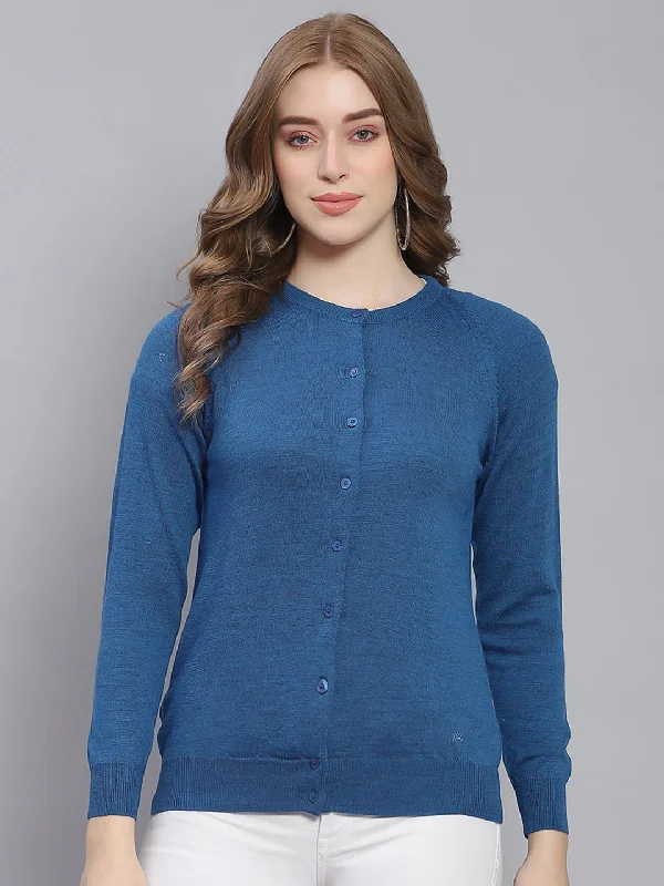 Designer SweatersWomen Teal Blue Solid Round Neck Full Sleeve Cardigans