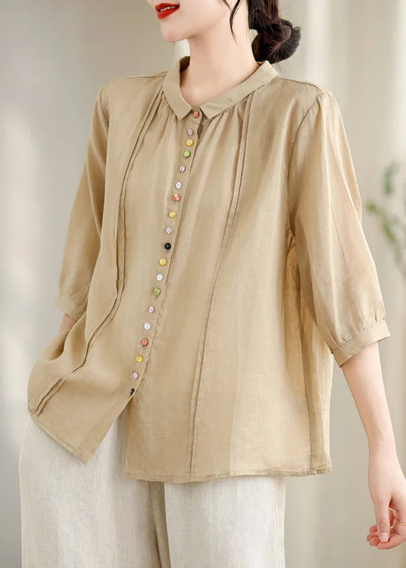 women's tops for fashion-conscious professionalsUnique Khaki Oversized Wrinkled Cotton Shirt Top Summer