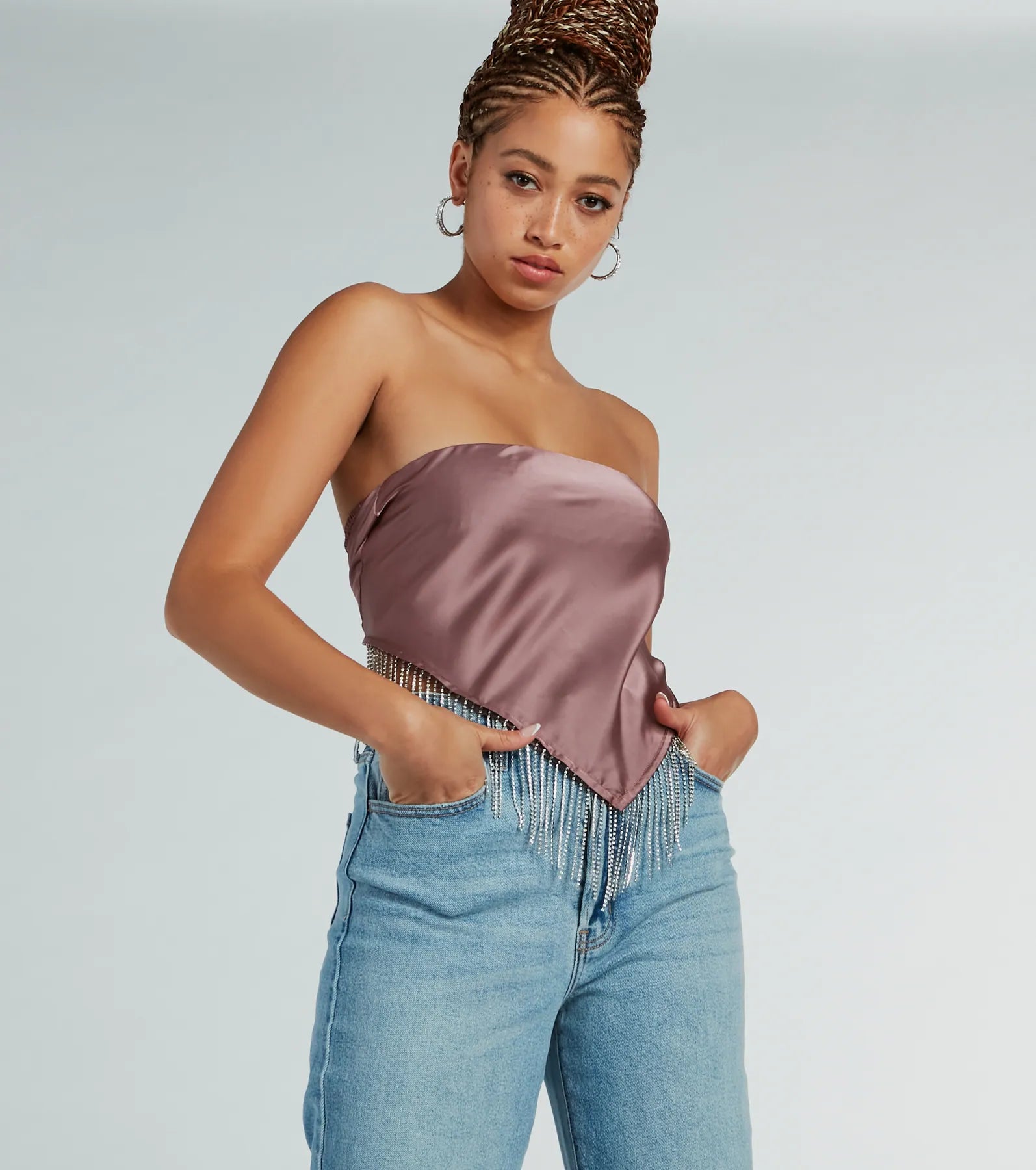 women's tops for those who want to stay on top of the latest fashion trends and wear pieces that are both stylish and on-trendEffortlessly Classy Strapless Rhinestone Satin Top