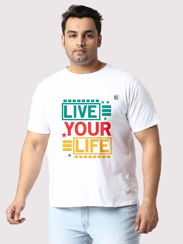 women's tops with sheer overlaysMen Plus Size White Live Your Life Printed Round Neck T-Shirt