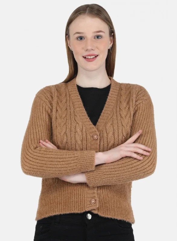 Women's SweatersWomen Camel Brown Self Design Cardigan