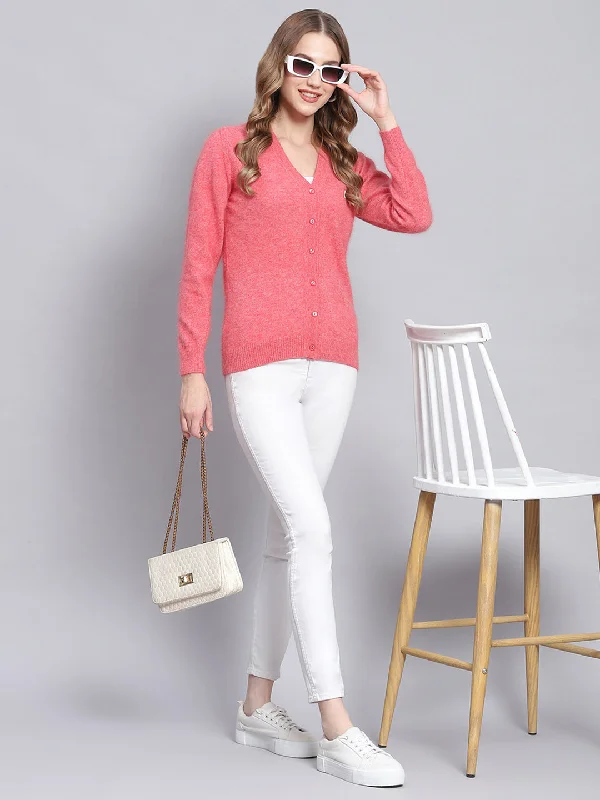 Stylish Flannel SweatersWomen Pink Solid V Neck Full Sleeve Cardigans