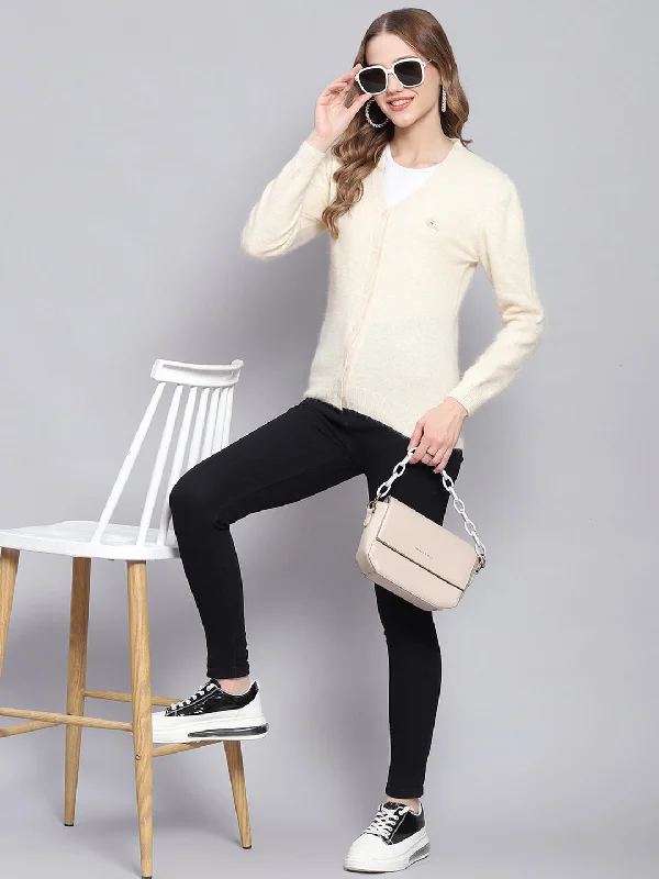 Thick Cashmere SweatersWomen Cream Solid V Neck Full Sleeve Cardigans