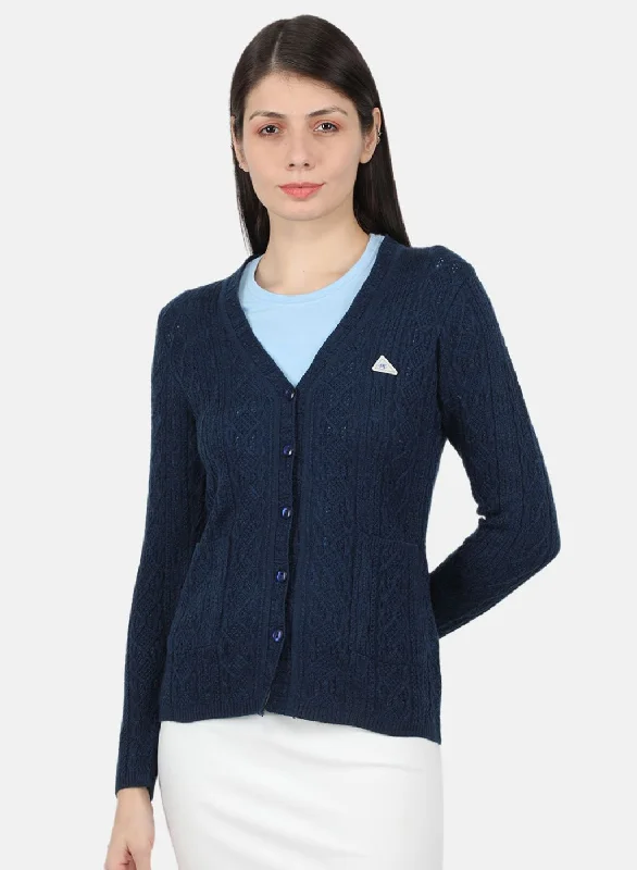 Soft Thick Cashmere SweatersWomen Navy Blue Self Design Cardigan