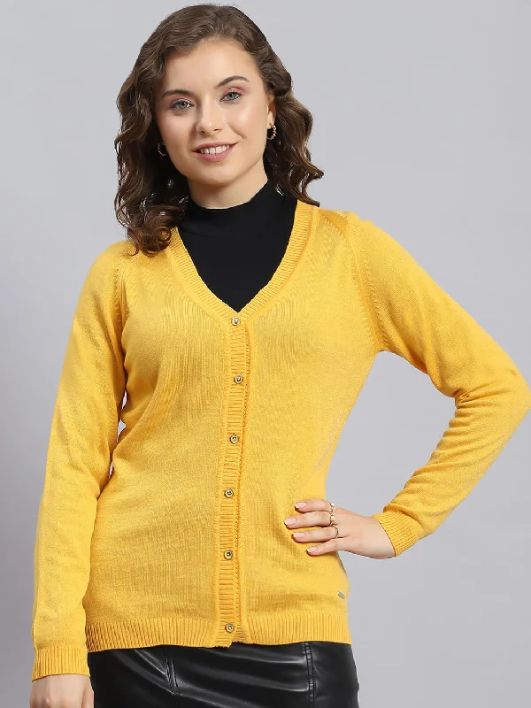 Men's SweatersWomen Yellow Solid V Neck Full Sleeve Cardigans