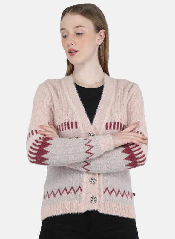 Turtle-Neck SweatersWomen Pink Self Design Cardigan