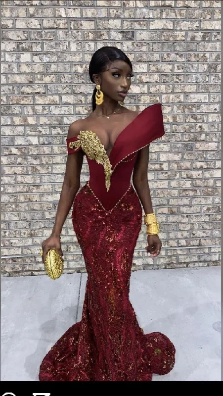 glamorous prom dressesBurgundy African mermaid wedding dress, engagement dress, mermaid prom dress Y6520