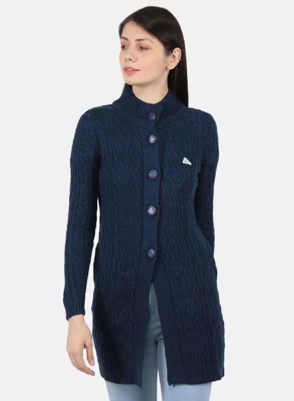 Cardigan SweatersWomen Navy Blue Self Design Cardigan