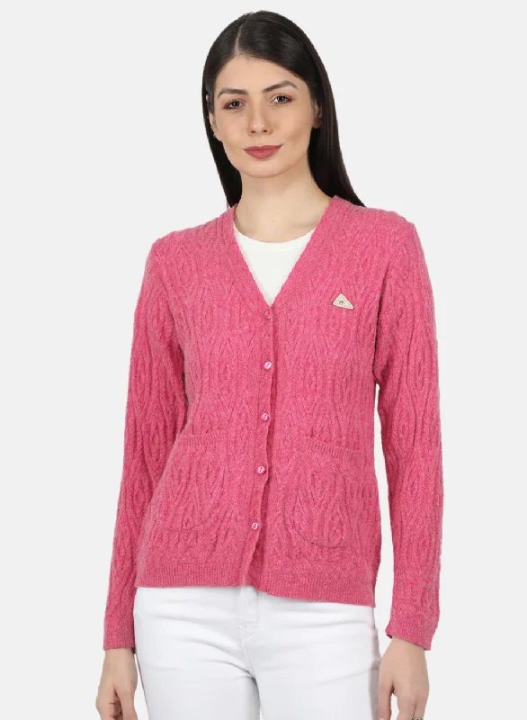 Crewneck Fair Isle SweatersWomen Pink Self Design Cardigan