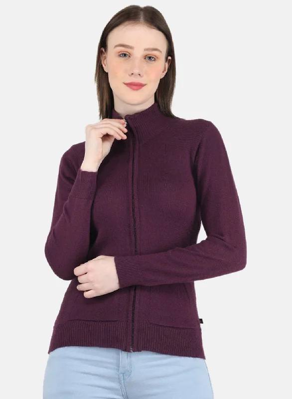 Luxurious Chunky SweatersWomen Purple Solid Cardigan