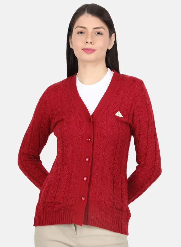 Fitted High-Quality Wool SweatersWomen Maroon Self Design Cardigan