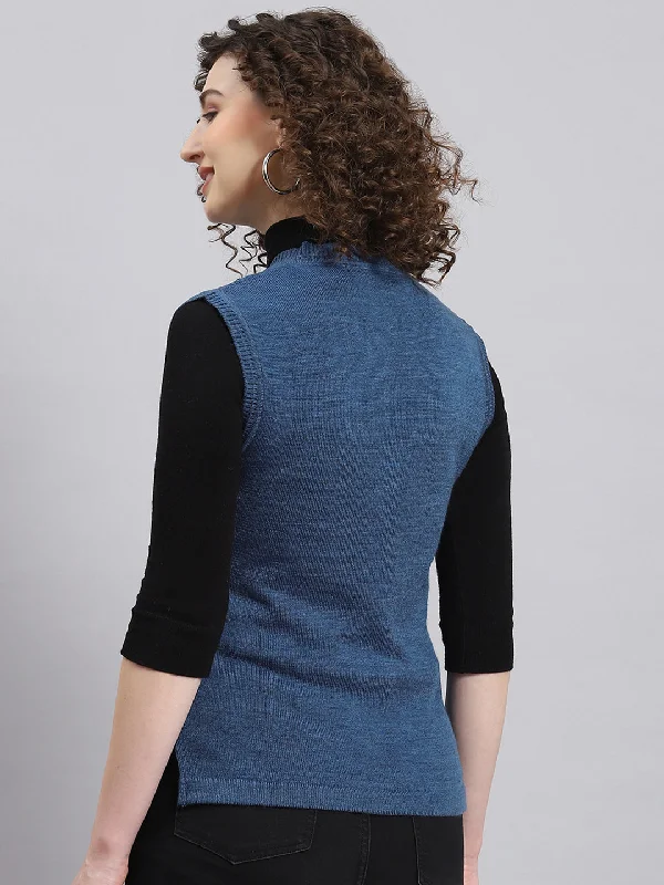 Cashmere SweatersWomen Blue Solid V Neck Sleeveless Cardigan