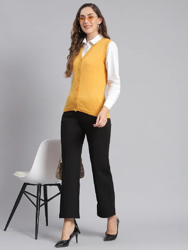 Hooded Cashmere SweatersWomen Yellow Solid V Neck Sleeveless Cardigans