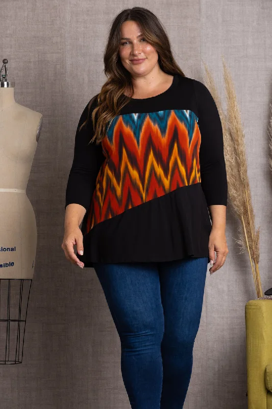 women's tops for those who appreciate subtle and muted tonesBLACK MULTI COLOR 3/4 SLEEVE PLUS SIZE TOP-4T2261-1