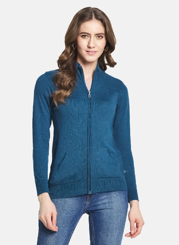 Patterned SweatersWomen Teal Blue Solid Cardigan