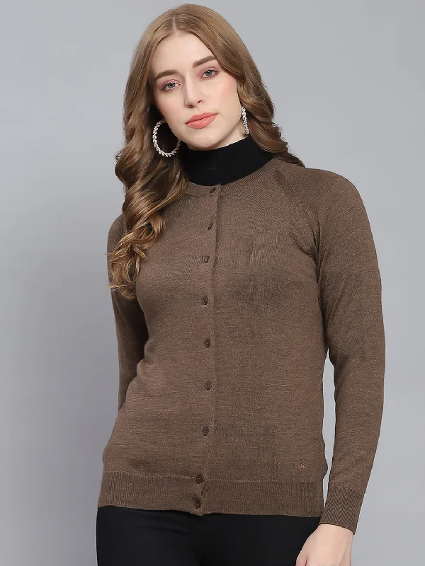 Flannel SweatersWomen Brown Solid Round Neck Full Sleeve Cardigans