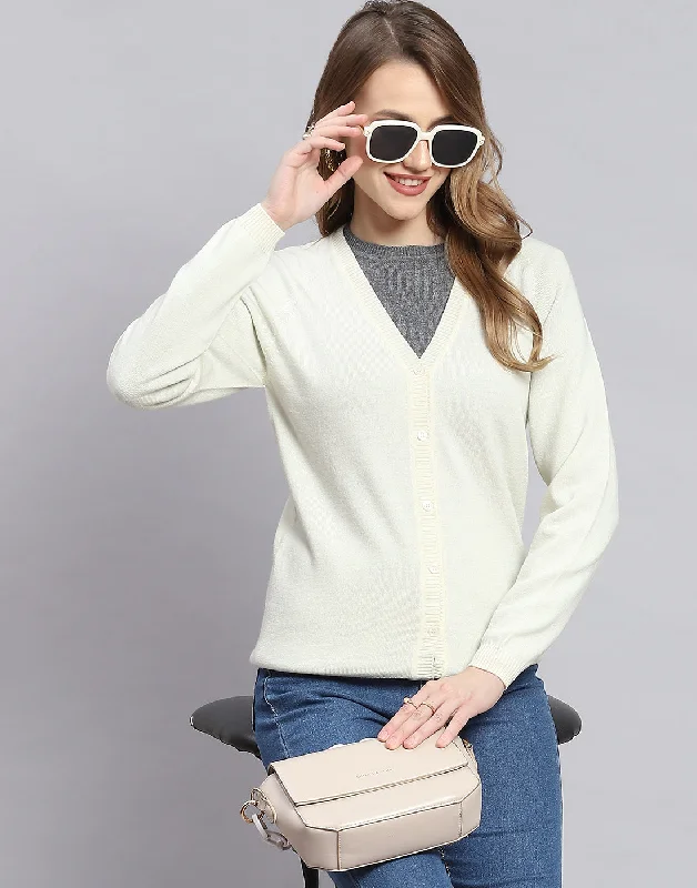 Colorful SweatersWomen Off White Solid V Neck Full Sleeve Cardigans