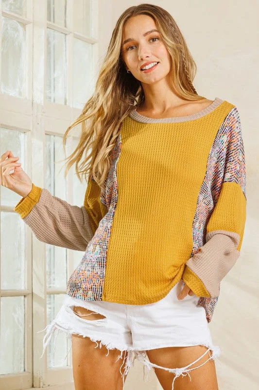 women's tops with cold-shoulder cuts and lace detailingMUSTARD WAFFLE KNIT COLOR BLOCK CREW NECK TOP CFTC12469PA