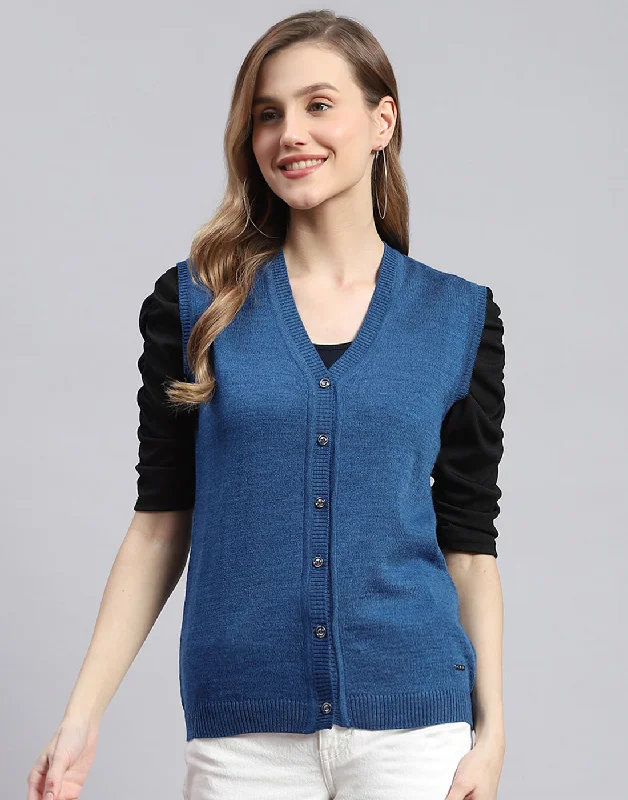 Plus-Size Pullover Chunky SweatersWomen Blue Solid V Neck Sleeveless Cardigans