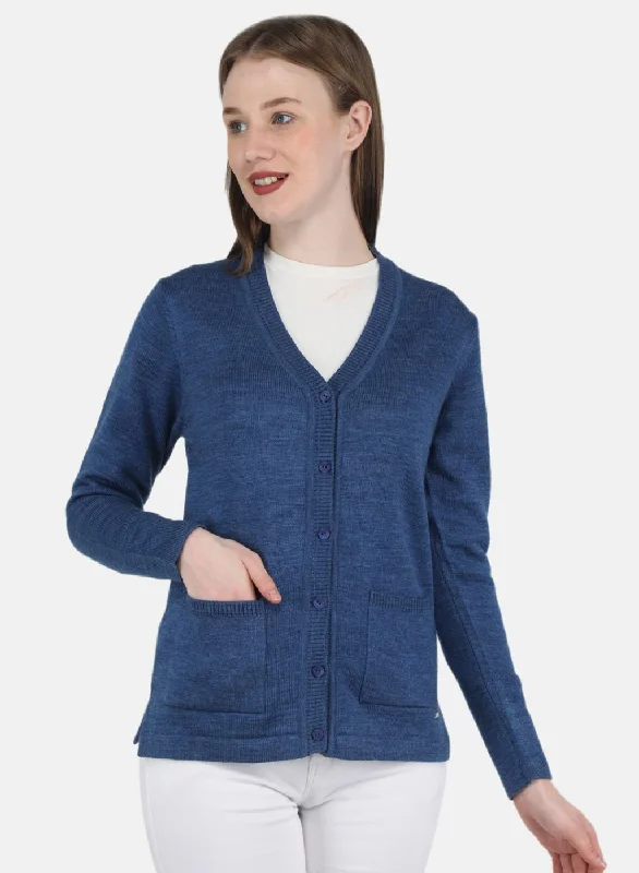 Extra-Large Knitted Crewneck SweatersWomen Blue Solid Cardigan