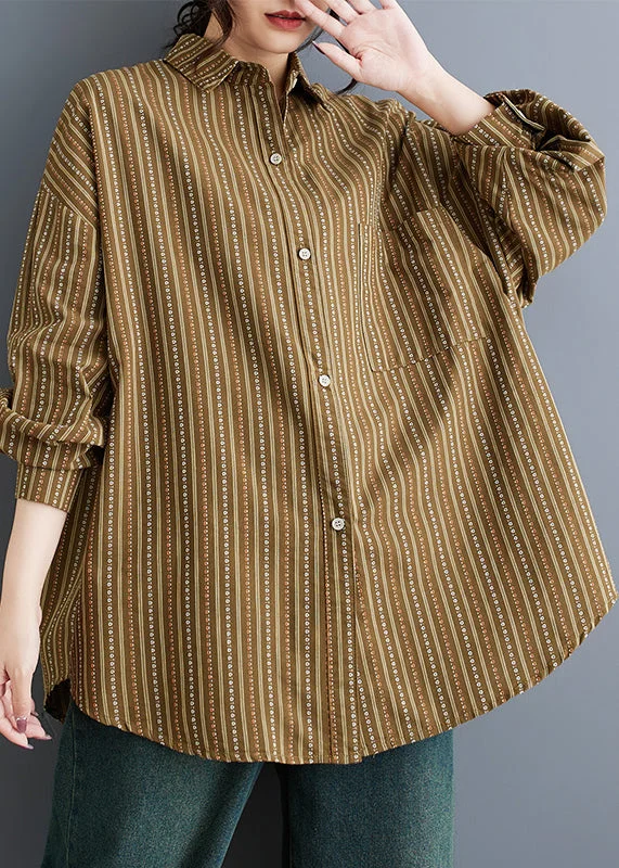 chic women's tops for everyday wearPlus Size Khaki Peter Pan Collar Striped Cotton Shirts Spring