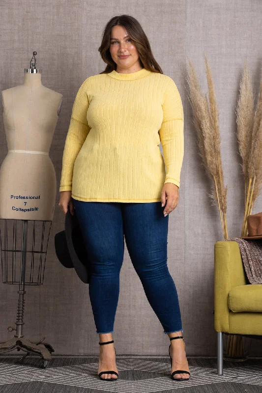 women's tops for those who believe in expressing their individuality through fashionYELLOW TUSCAN JERSEY RIB KNIT PLUS SIZE TOP-PTY3786X