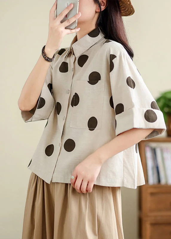 cozy women's tops for fall and winterUnique Khaki Oversized Dot Cotton Shirts Half Sleeve