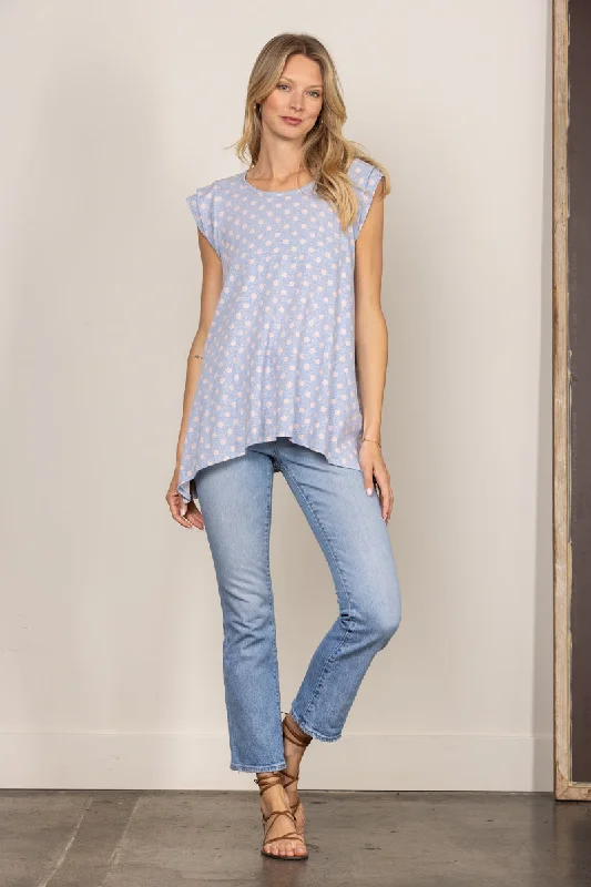 women's tops for those who want to add a touch of sophistication to their casual attireBLUE POKADOT PRINT LAYERED SHORT SLEEVES KNIT TOP T1919-2