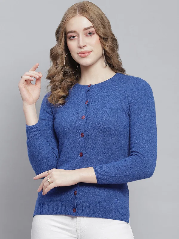 Colorful Casual SweatersWomen Blue Solid Round Neck Full Sleeve Cardigans