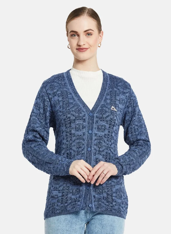 Soft Knitted SweatersWomen Blue Self Design Cardigan