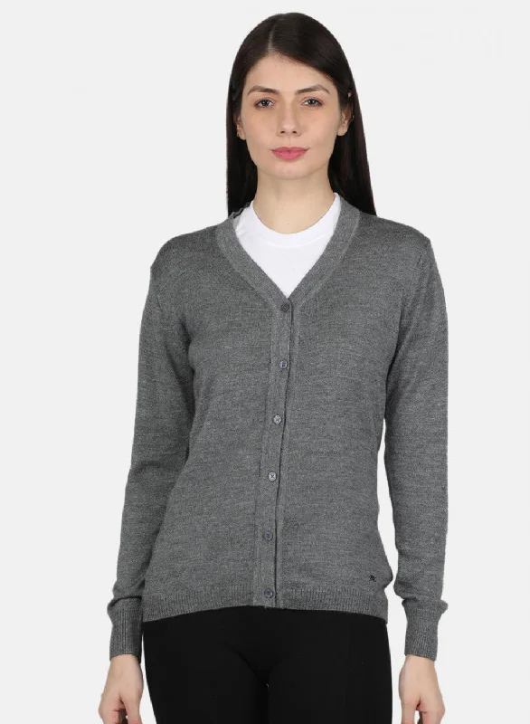 Retro Crewneck SweatersWomen Grey Solid Cardigan