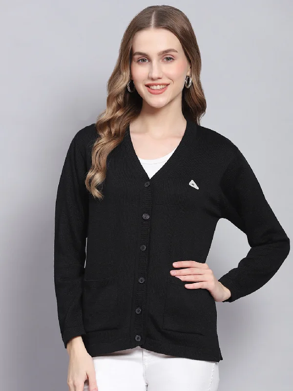 Flannel Knitted Crewneck SweatersWomen Black Solid V Neck Full Sleeve Cardigans