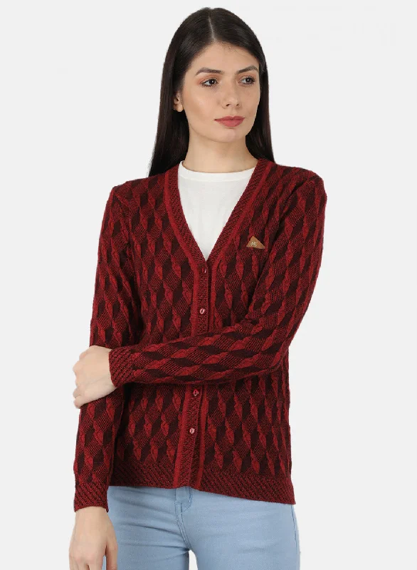 Thick Cashmere SweatersWomen Red Self Design Cardigan