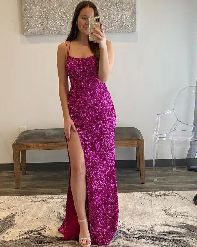 bespoke prom dressesSpaghetti Straps Rose Red Sequin Mermaid Prom Dress with Side Slit Y6319