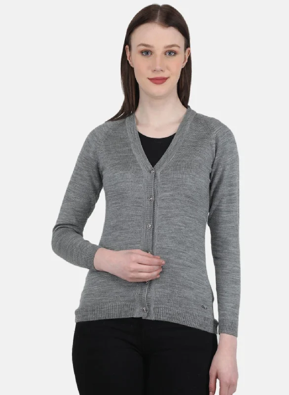 Chunky Designer Men's SweatersWomen Grey Solid Cardigan