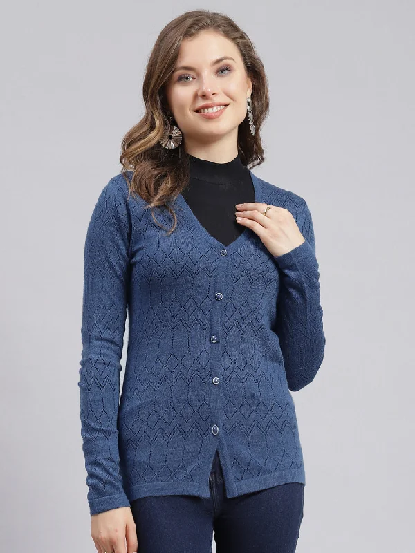 Cashmere SweatersWomen Blue Jaquard Wool blend Cardigan