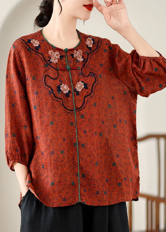 women's tops for those who prefer classic over trendy stylesRetro Red Embroidered Print Linen Top Spring