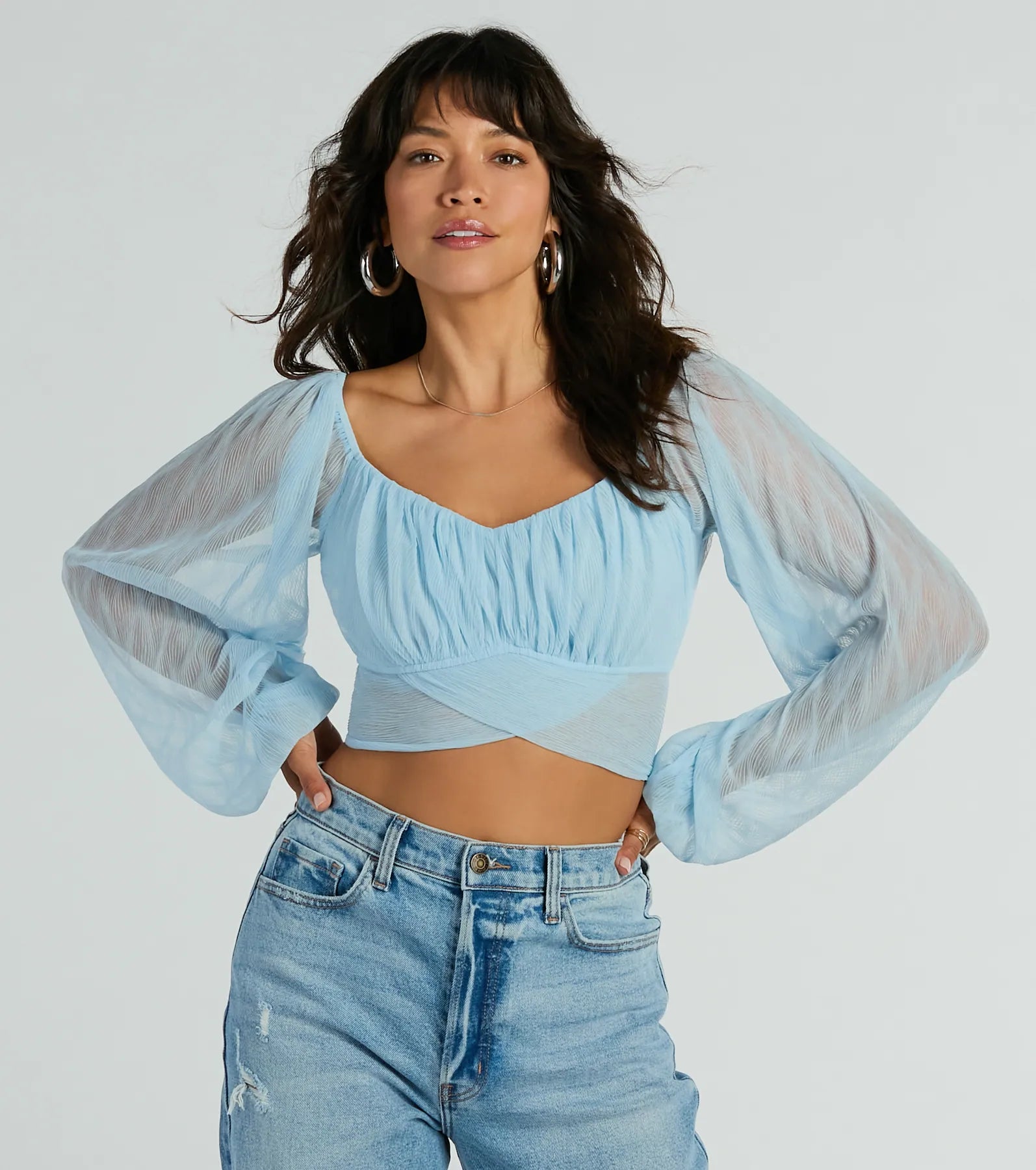 women's tops with embroidery detailsAll This Grace Tie-Back Mesh Crop Top