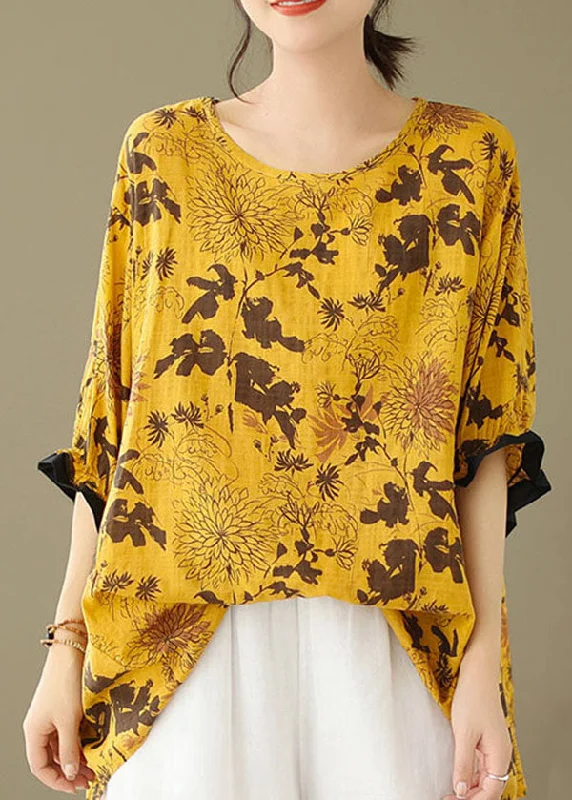 women's tops for those who want to elevate their everyday wear with chic and elegant piecesYellow Print Patchwork Cotton Loose Tops O Neck Summer