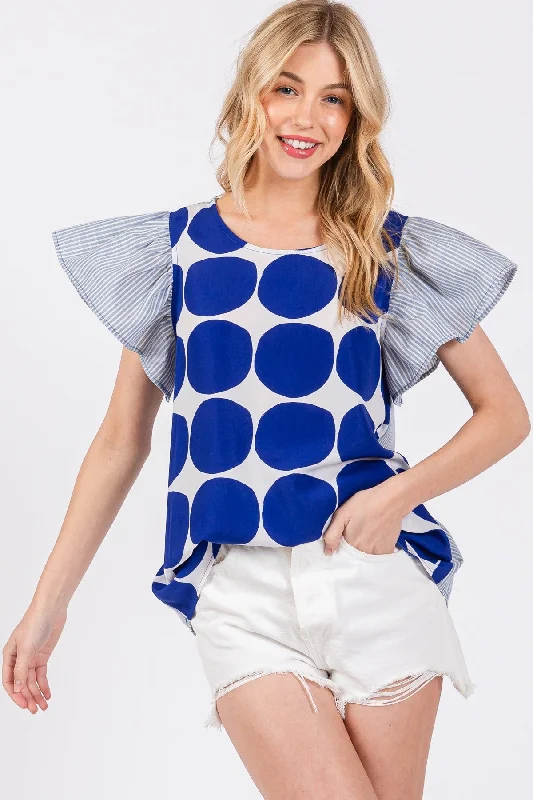 women's tops with bell sleevesBLUE POLKADOT RUFFLED SHORT SLEEVES BLOUSE TOP CFTLU13441CPA