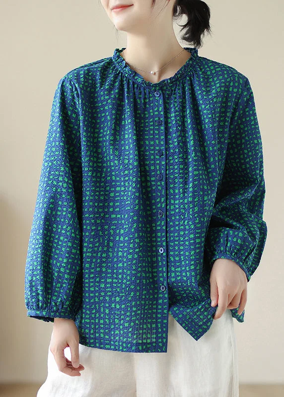 cozy women's tops for fall and winter2025 New Blue Ruffled Print Cotton Shirt Tops Spring