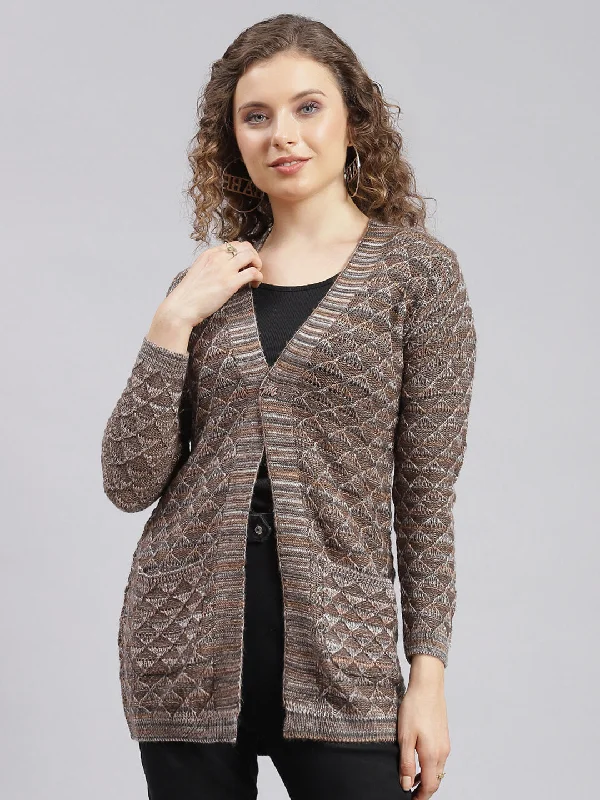 Soft Knitted SweatersWomen Brown Jaquard Wool blend Cardigan