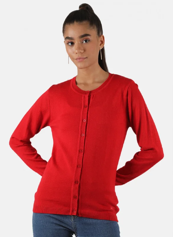 Embellished SweatersWomen Red Solid Cardigan