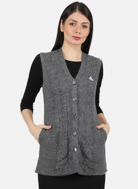 Turtle-Neck Wool SweatersWomen Grey Self Design Cardigan