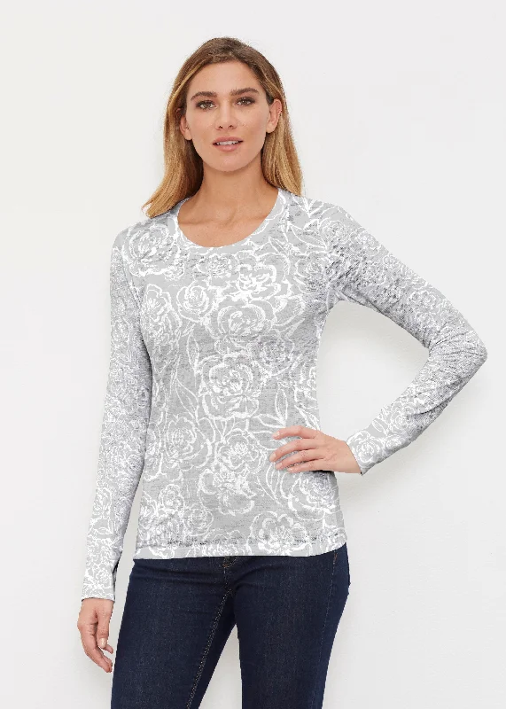 women's tops with built-in brasFreehand Floral Grey (7605) ~ Thermal Long Sleeve Crew Shirt