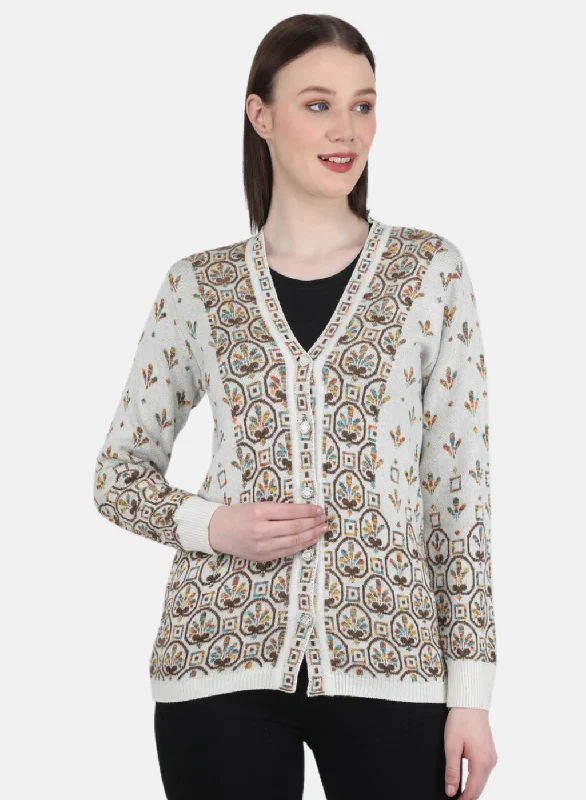 Comfortable SweatersWomen White & Brown Self Design Cardigan