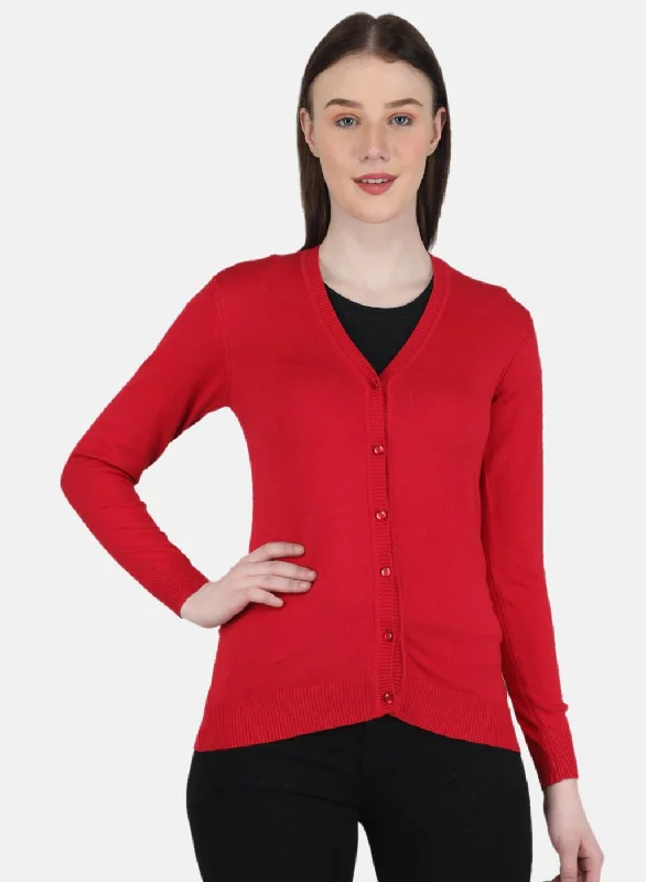 Dressy SweatersWomen Red Self Design Cardigan