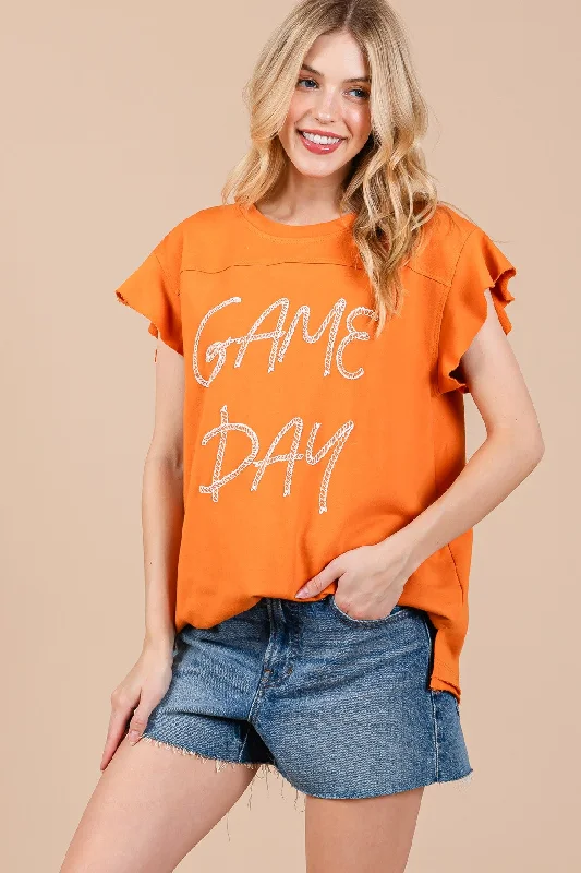 women's tops for those who want to wear pieces that are both comfortable and stylishLONGHORN GAME DAY PRINT RUFFLED SLEEVES TOP CFTT3656SPA