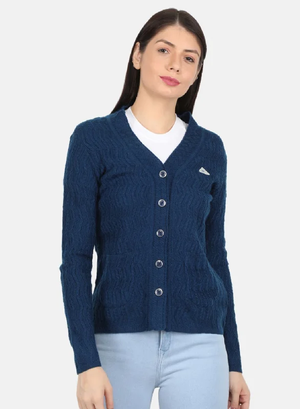 Custom Flannel-Lined SweatersWomen Blue Self Design Cardigan